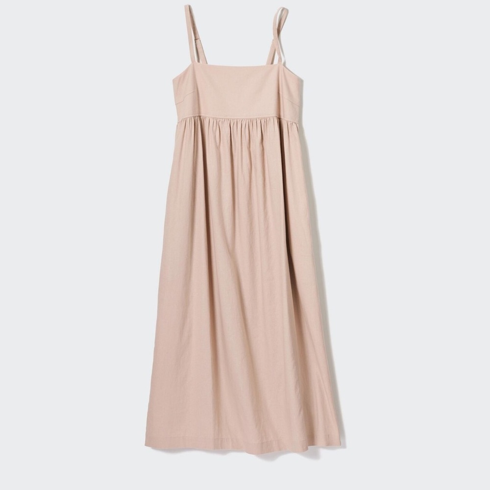 Uniqlo Tan and brown linen maxi dress with adjustable straps and pockets